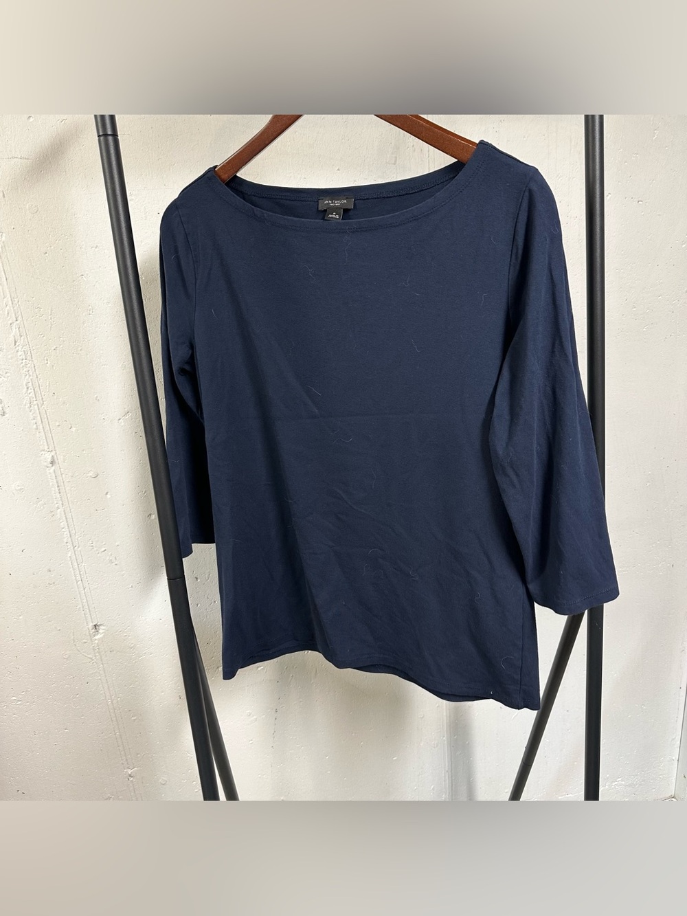 Ann Taylor Factory Navy Three-Quarter Sleeve Boatneck Top